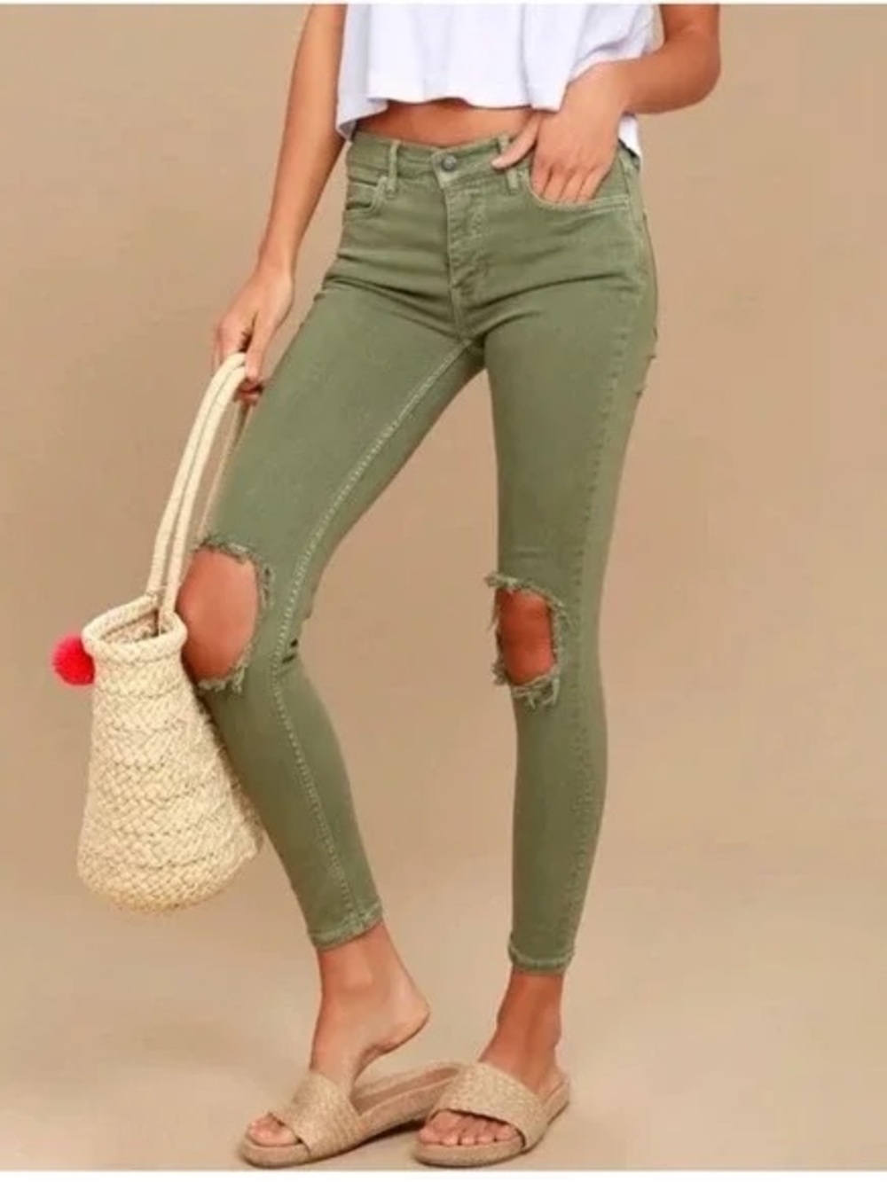 Free People Olive Green Distressed High-Rise Skinny Jeans